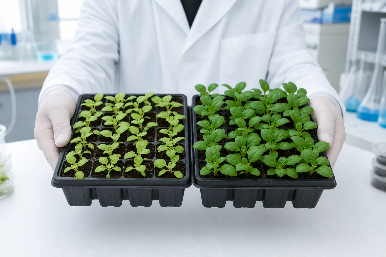 Two seedling trays side by side, one paler and one richer in color