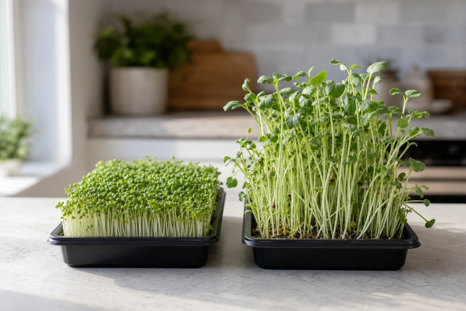 Two trays of broccoli microgreens, one young and tender and one overgrown and leggy with true leaves beginning to show