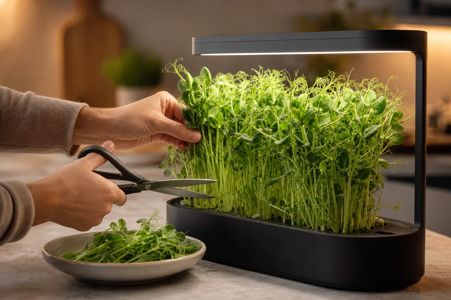 A hand harvesting fresh pea shoots with scissors from a countertop grower under soft LED light